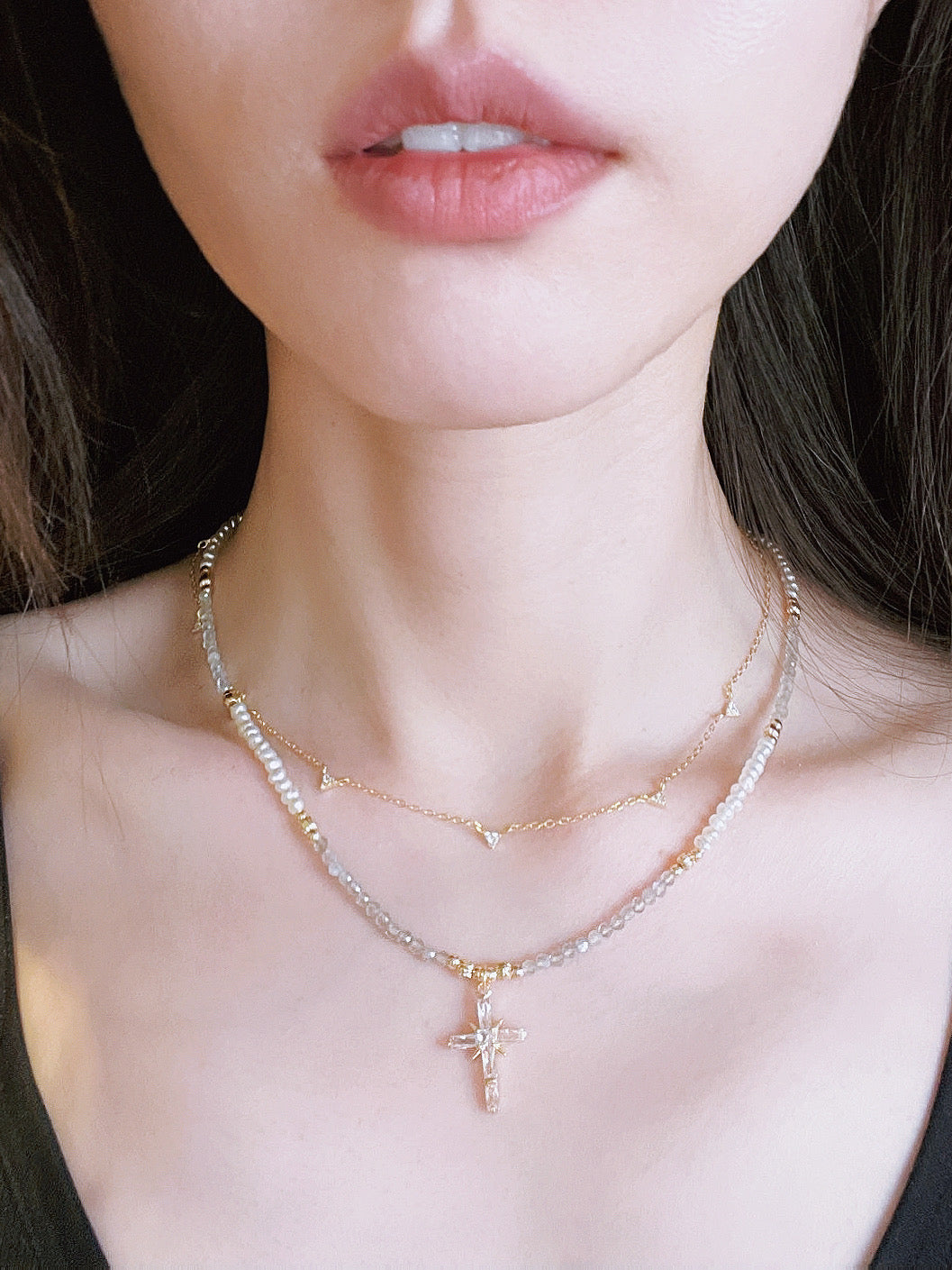 Gray Moonstone Cross Necklace